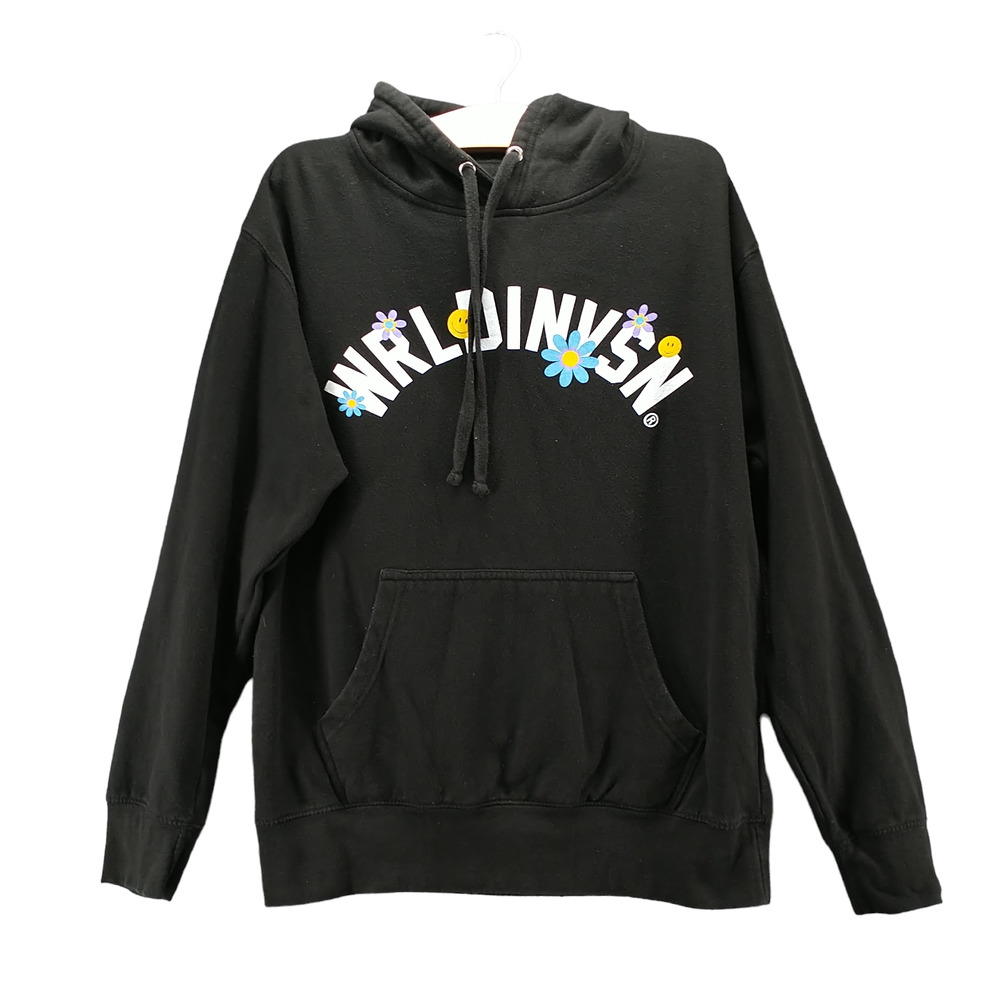 WRLDINVSN Mens World Peace Pullover Graphic Hoodie Black Medium Cotton